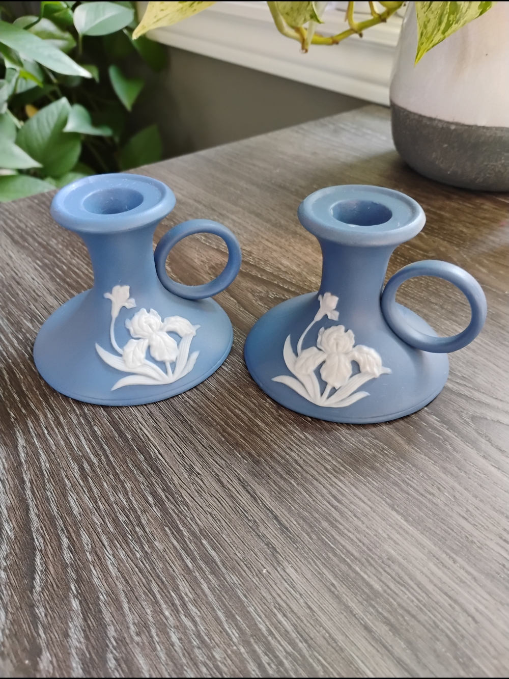 Wedgewood-Style Blue Jasperware Style Floral Chamberstick Candle Holders - Pair